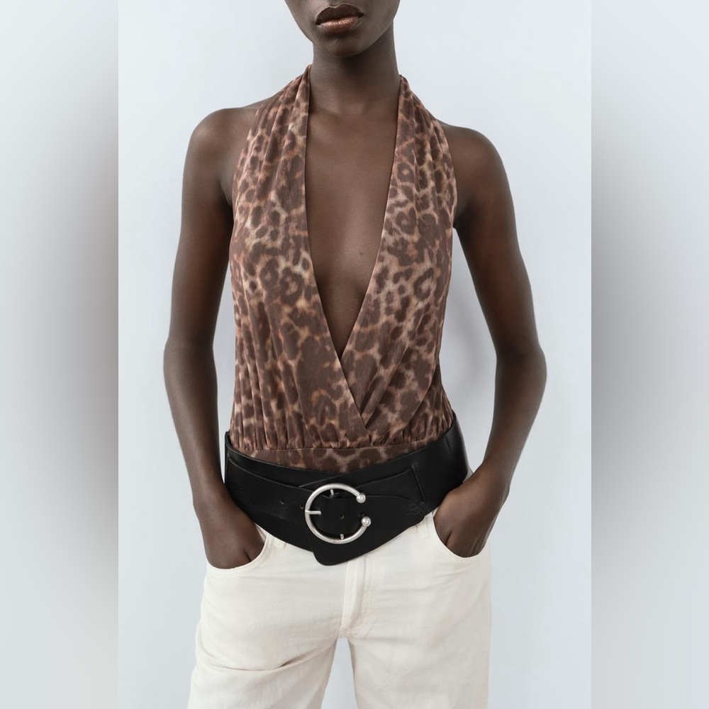 TULLE FOULARD BODYSUIT Leopard Print Halter Top. WOW